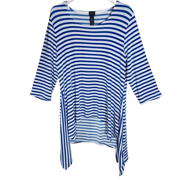 Chicos Travelers Top Size 2 L Blue & White Striped 3/4 Sleeve Hi-Lo Asymmetrical - Picture 1 of 4